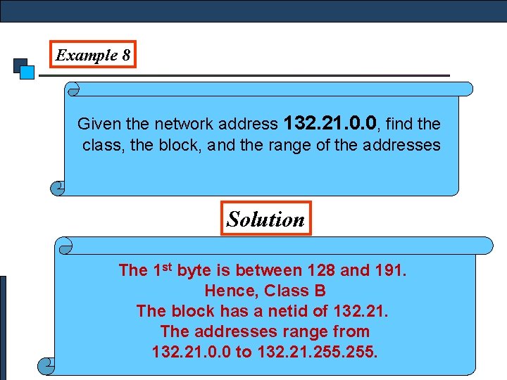 Example 8 Given the network address 132. 21. 0. 0, find the class, the
