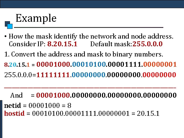 Example • How the mask identify the network and node address. Consider IP: 8.