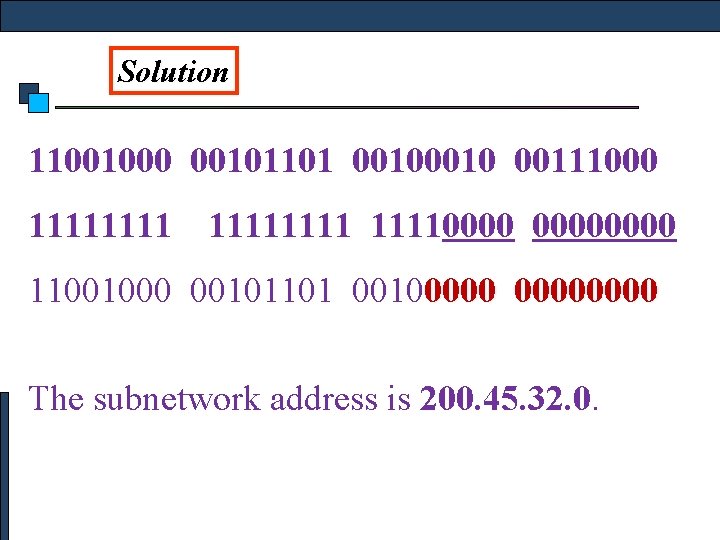 Solution 11001000 00101101 0010 00111000 111111110000 11001000 00101101 00100000 00000000 The subnetwork address is