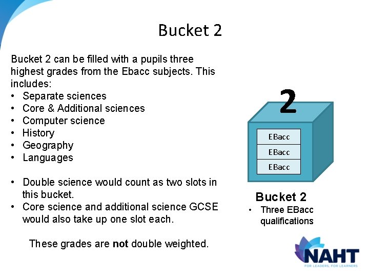 Bucket 2 can be filled with a pupils three highest grades from the Ebacc Bucket 2 can be filled with a pupils three highest grades from the Ebacc