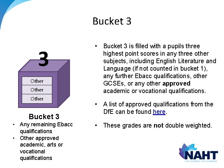 Bucket 3 3 Other Bucket 3 • Any remaining Ebacc qualifications • Other approved Bucket 3 3 Other Bucket 3 • Any remaining Ebacc qualifications • Other approved