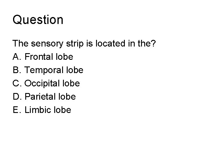 Question The sensory strip is located in the? A. Frontal lobe B. Temporal lobe Question The sensory strip is located in the? A. Frontal lobe B. Temporal lobe