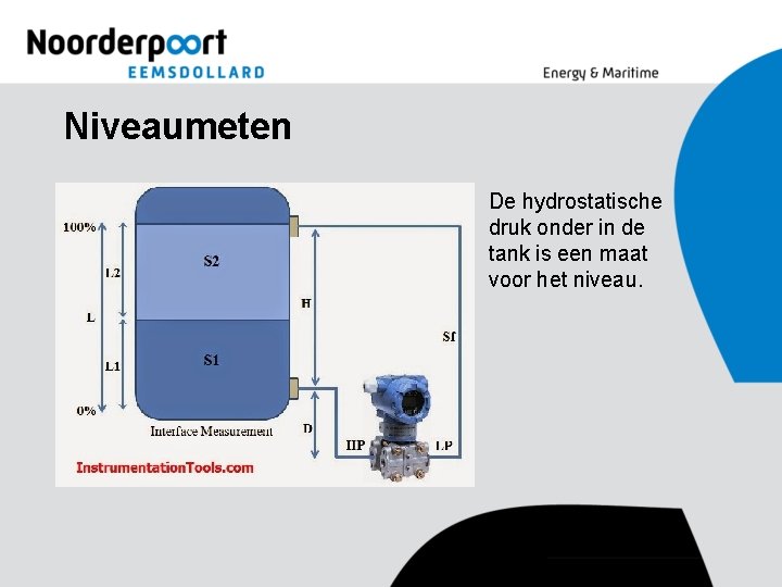 Niveaumeten De hydrostatische druk onder in de tank is een maat voor het niveau.