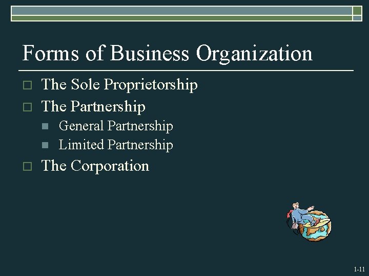 Forms of Business Organization o o The Sole Proprietorship The Partnership n n o