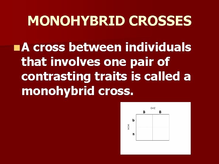 MONOHYBRID CROSSES n. A cross between individuals that involves one pair of contrasting traits MONOHYBRID CROSSES n. A cross between individuals that involves one pair of contrasting traits