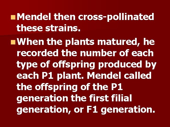 n Mendel then cross-pollinated these strains. n When the plants matured, he recorded the n Mendel then cross-pollinated these strains. n When the plants matured, he recorded the