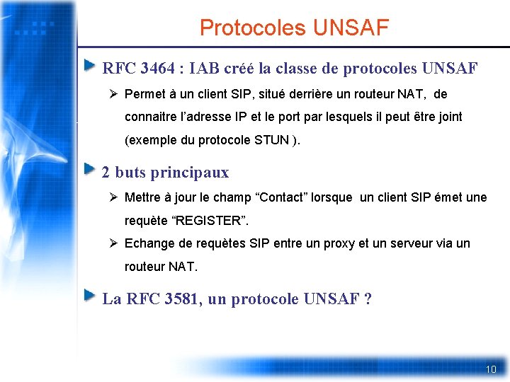 Protocoles UNSAF RFC 3464 : IAB créé la classe de protocoles UNSAF Ø Permet
