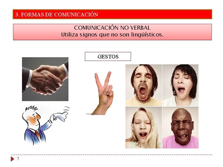 3. FORMAS DE COMUNICACIÓN NO VERBAL Utiliza signos que no son lingüísticos. GESTOS 7