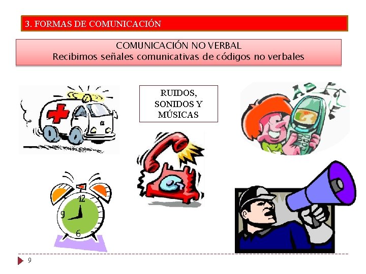 3. FORMAS DE COMUNICACIÓN NO VERBAL Recibimos señales comunicativas de códigos no verbales RUIDOS,