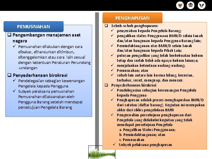 Slide 14 PENGHAPUSAN PEMUSNAHAN q Pengembangan manajemen aset negara ü Pemusnahan dilakukan dengan cara