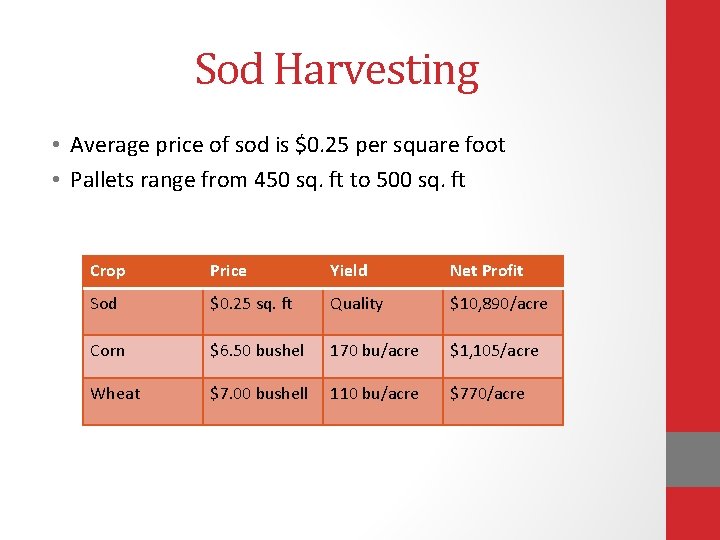 Sod Harvesting • Average price of sod is $0. 25 per square foot •