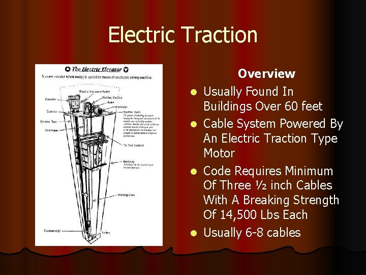 Electric Traction l l Overview Usually Found In Buildings Over 60 feet Cable System