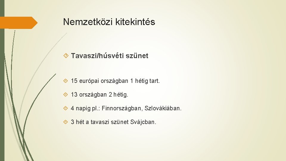 Nemzetközi kitekintés Tavaszi/húsvéti szünet 15 európai országban 1 hétig tart. 13 országban 2 hétig.