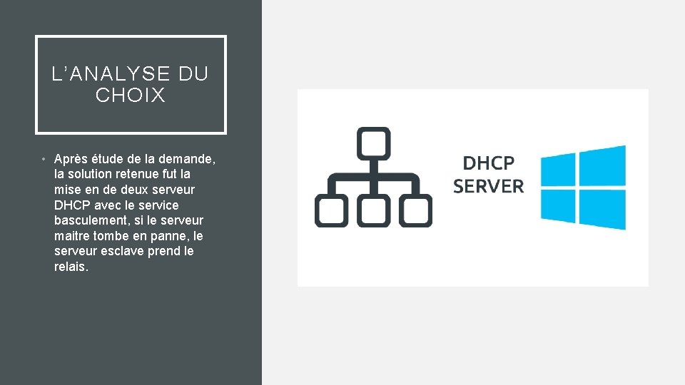 L’ANALYSE DU CHOIX • Après étude de la demande, la solution retenue fut la