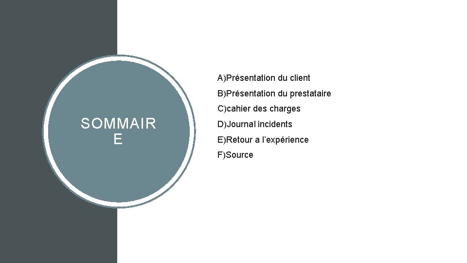 A)Présentation du client B)Présentation du prestataire C)cahier des charges SOMMAIR E D)Journal incidents E)Retour