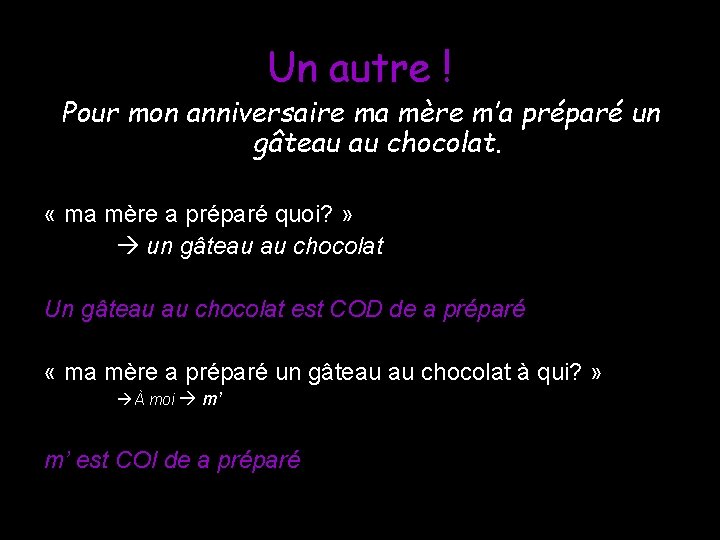 Un autre ! Pour mon anniversaire ma mère m’a préparé un gâteau au chocolat.