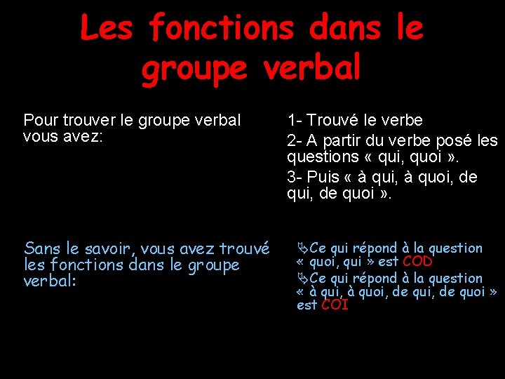 Les fonctions dans le groupe verbal Pour trouver le groupe verbal vous avez: Sans