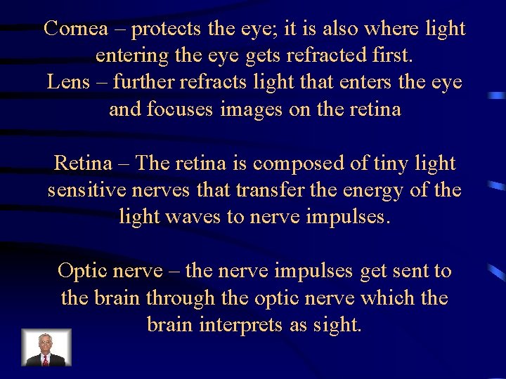 Cornea – protects the eye; it is also where light entering the eye gets
