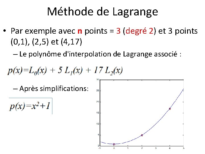 Méthode de Lagrange • Par exemple avec n points = 3 (degré 2) et
