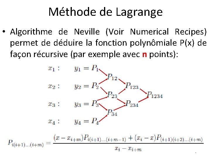 Méthode de Lagrange • Algorithme de Neville (Voir Numerical Recipes) permet de déduire la