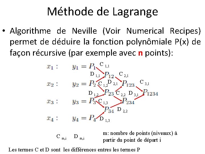 Méthode de Lagrange • Algorithme de Neville (Voir Numerical Recipes) permet de déduire la