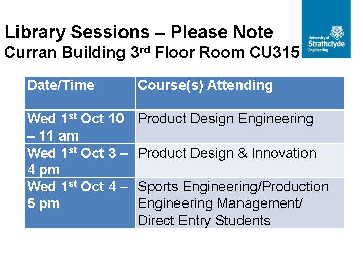 Library Sessions – Please Note Curran Building 3 rd Floor Room CU 315 Date/Time