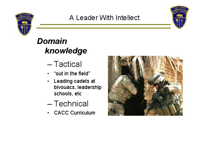 A Leader With Intellect Domain knowledge – Tactical • “out in the field” •