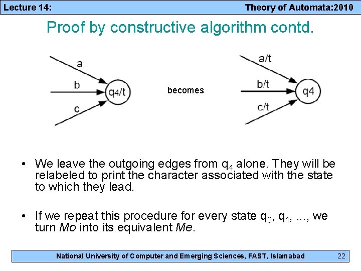 Lecture 14: Theory of Automata: 2010 Proof by constructive algorithm contd. becomes • We