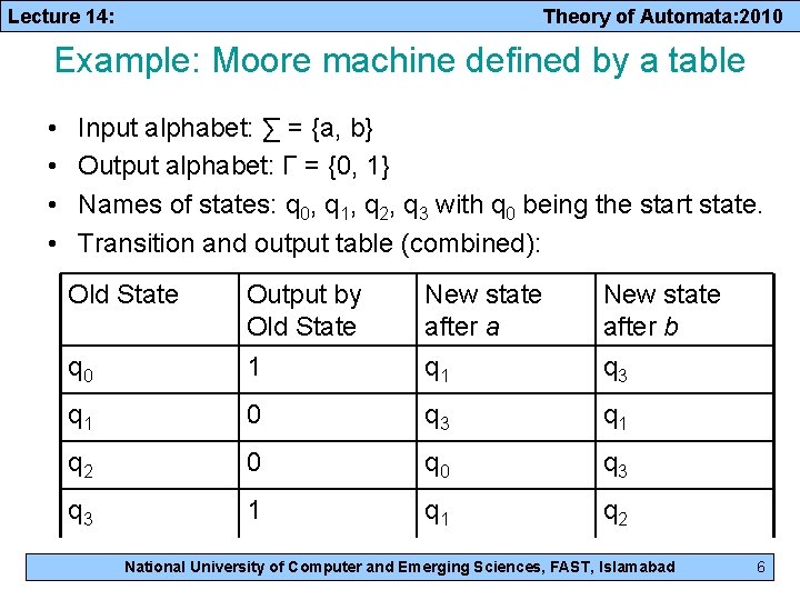 Lecture 14: Theory of Automata: 2010 Example: Moore machine defined by a table •