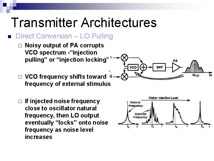 Transmitter Architectures n Direct Conversion – LO Pulling ¨ Noisy output of PA corrupts