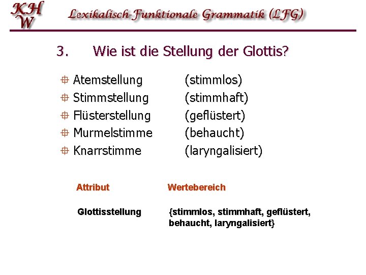 3. Wie ist die Stellung der Glottis? ° Atemstellung ° Stimmstellung ° Flüsterstellung °