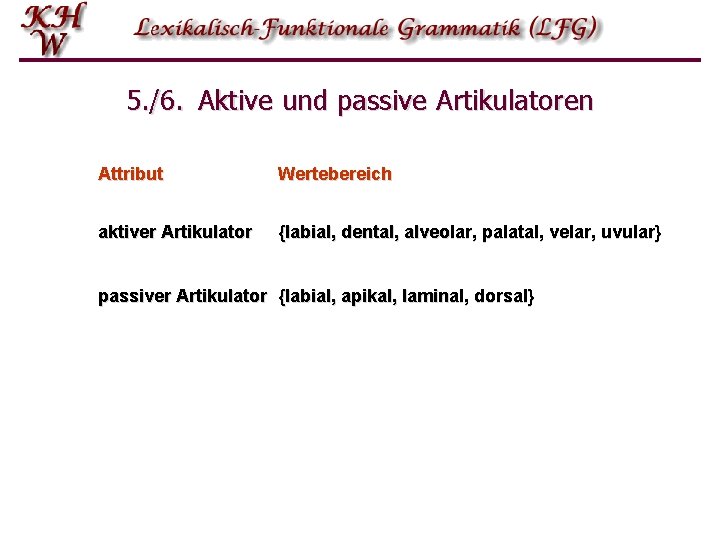 5. /6. Aktive und passive Artikulatoren Attribut Wertebereich aktiver Artikulator {labial, dental, alveolar, palatal, 5. /6. Aktive und passive Artikulatoren Attribut Wertebereich aktiver Artikulator {labial, dental, alveolar, palatal,
