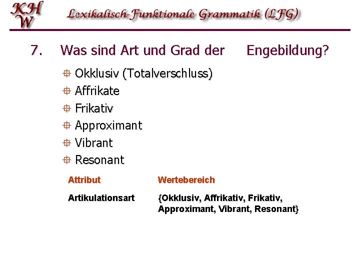 7. Was sind Art und Grad der Engebildung? ° Okklusiv (Totalverschluss) ° Affrikate °