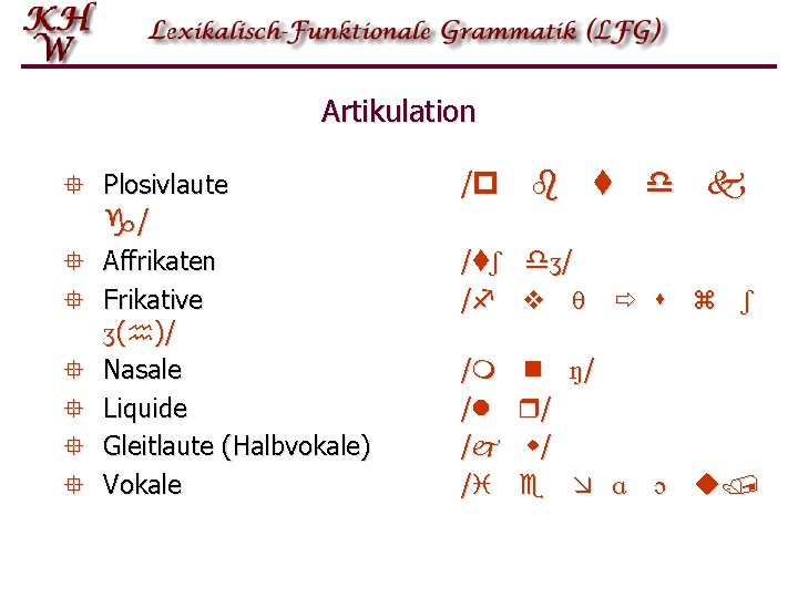 Artikulation ° Plosivlaute /p b t d k ° Affrikaten ° Frikative ʒ(h)/ °