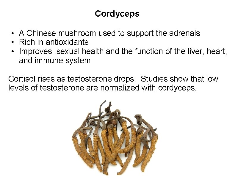 Cordyceps • A Chinese mushroom used to support the adrenals • Rich in antioxidants