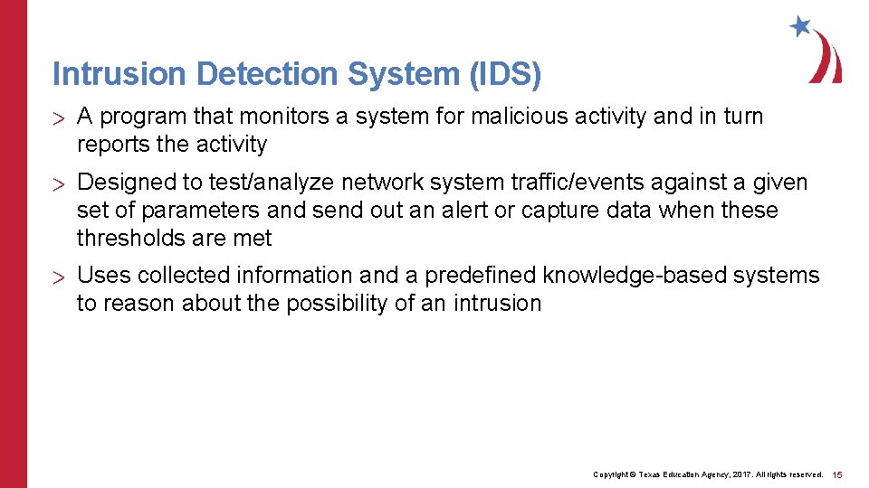 Intrusion Detection System (IDS) > A program that monitors a system for malicious activity