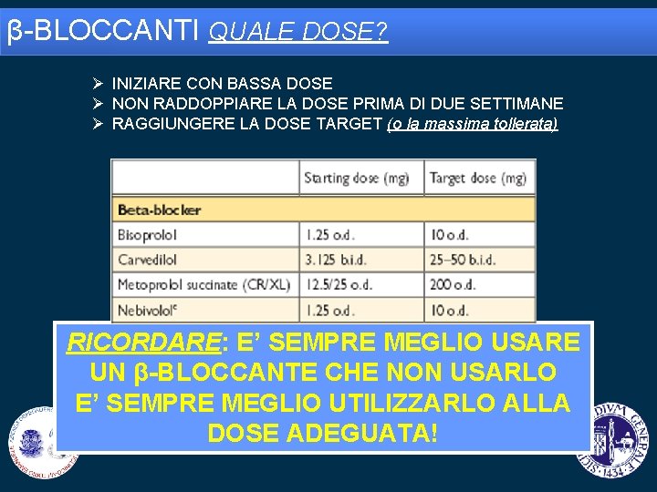 β-BLOCCANTI QUALE DOSE? Ø INIZIARE CON BASSA DOSE Ø NON RADDOPPIARE LA DOSE PRIMA
