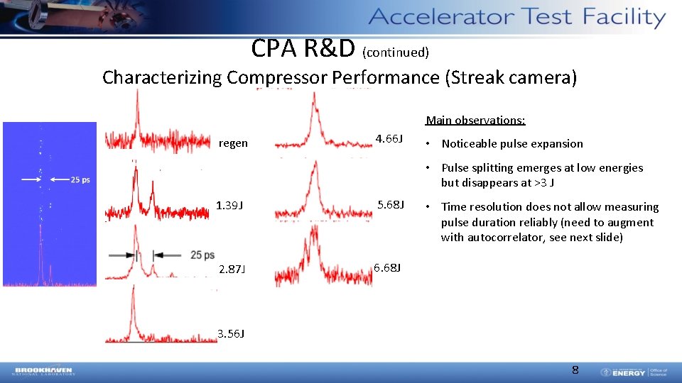CPA R&D (continued) Characterizing Compressor Performance (Streak camera) Main observations: regen 4. 66 J CPA R&D (continued) Characterizing Compressor Performance (Streak camera) Main observations: regen 4. 66 J