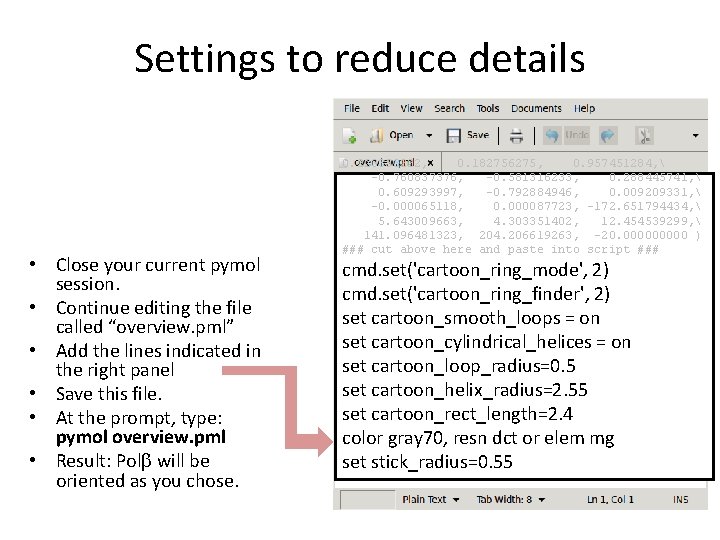 Settings to reduce details • Close your current pymol session. • Continue editing the Settings to reduce details • Close your current pymol session. • Continue editing the