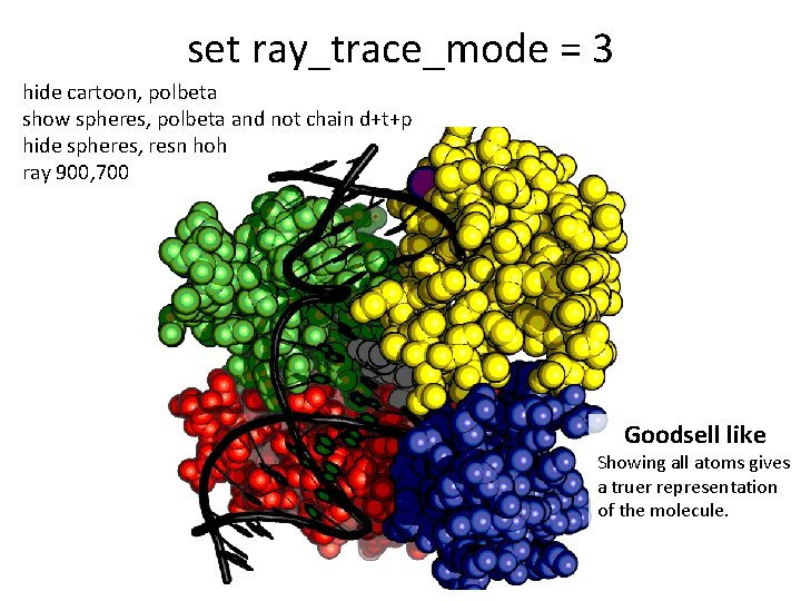 set ray_trace_mode = 3 hide cartoon, polbeta show spheres, polbeta and not chain d+t+p set ray_trace_mode = 3 hide cartoon, polbeta show spheres, polbeta and not chain d+t+p