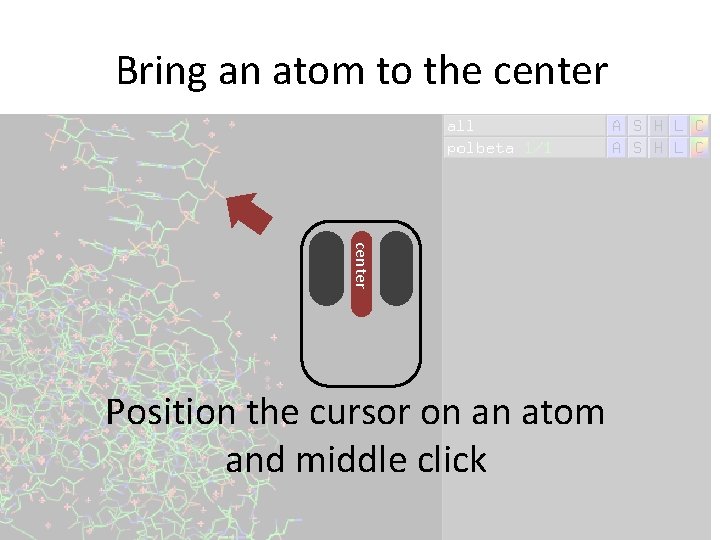 Bring an atom to the center Position the cursor on an atom and middle Bring an atom to the center Position the cursor on an atom and middle