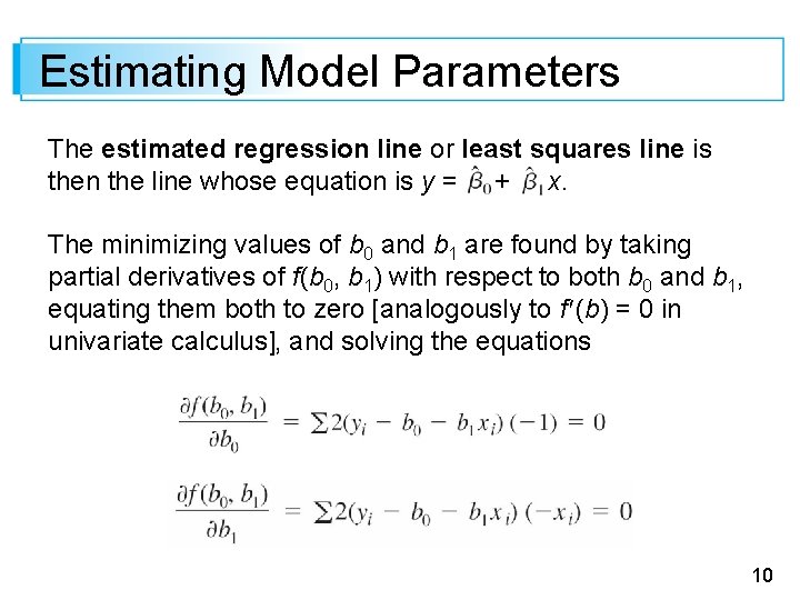 Estimating Model Parameters The estimated regression line or least squares line is then the