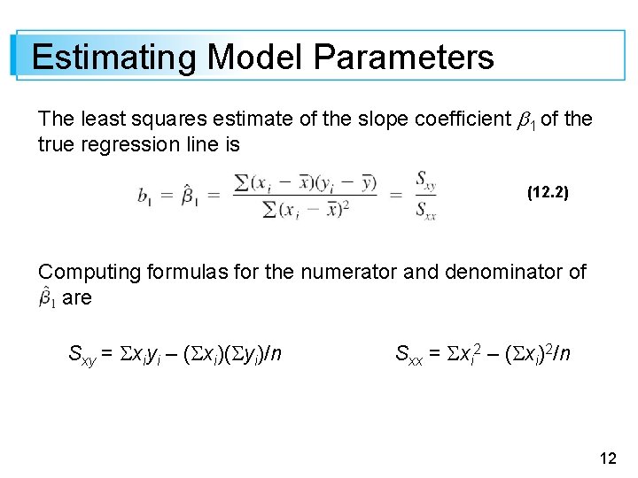 Estimating Model Parameters The least squares estimate of the slope coefficient 1 of the