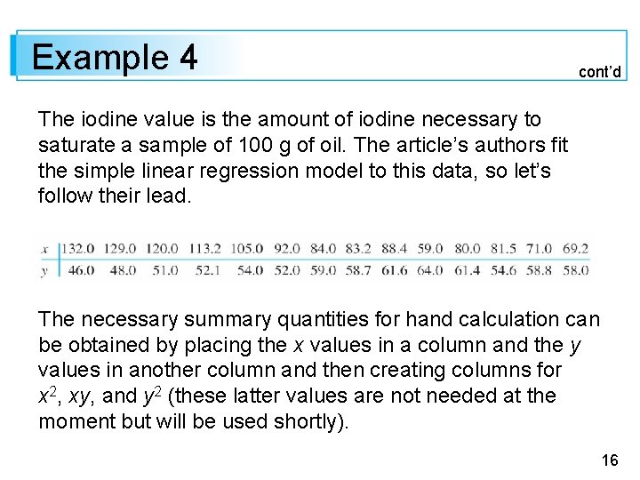 Example 4 cont’d The iodine value is the amount of iodine necessary to saturate