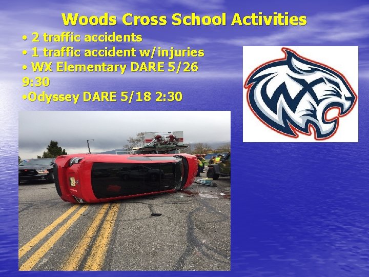 Woods Cross School Activities • 2 traffic accidents • 1 traffic accident w/injuries •