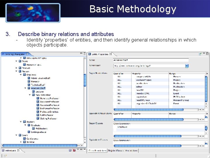 Basic Methodology 3. - Describe binary relations and attributes Identify ‘properties’ of entities, and