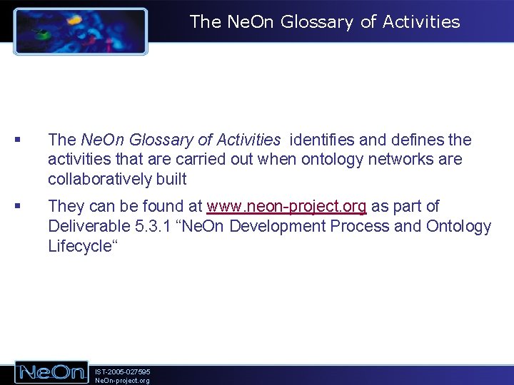 The Ne. On Glossary of Activities § The Ne. On Glossary of Activities identifies