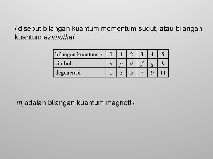 l disebut bilangan kuantum momentum sudut, atau bilangan kuantum azimuthal bilangan kuantum l 0