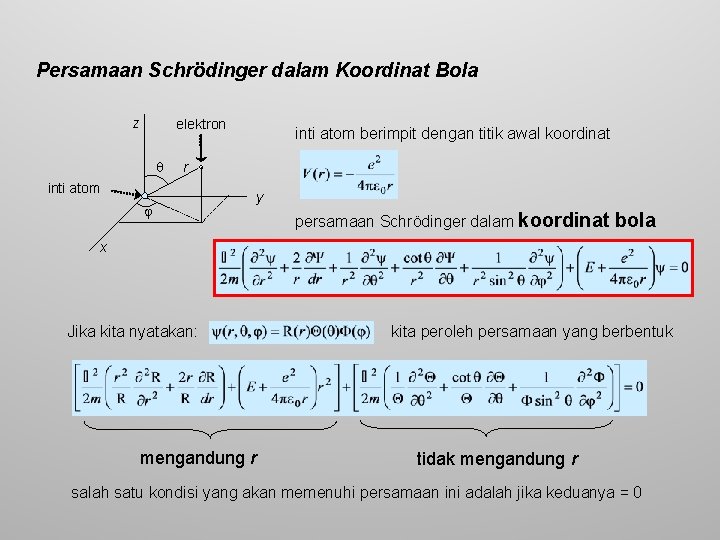 Persamaan Schrödinger dalam Koordinat Bola z elektron inti atom berimpit dengan titik awal koordinat