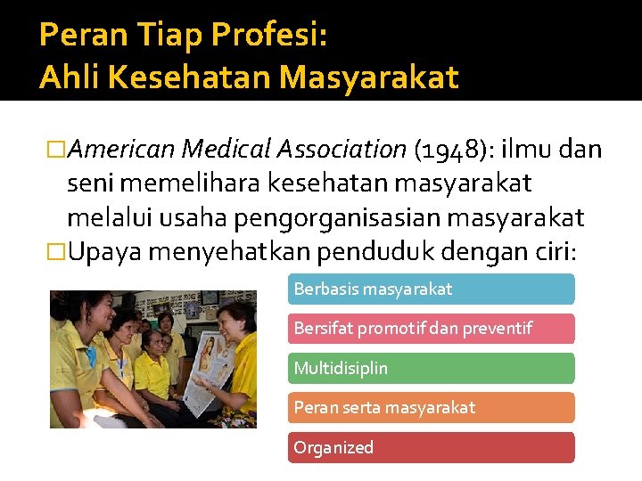 Peran Tiap Profesi: Ahli Kesehatan Masyarakat �American Medical Association (1948): ilmu dan seni memelihara